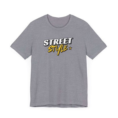 Gray street style graphic tee with bold yellow lettering, perfect for trendy urban fashion and casual wear.