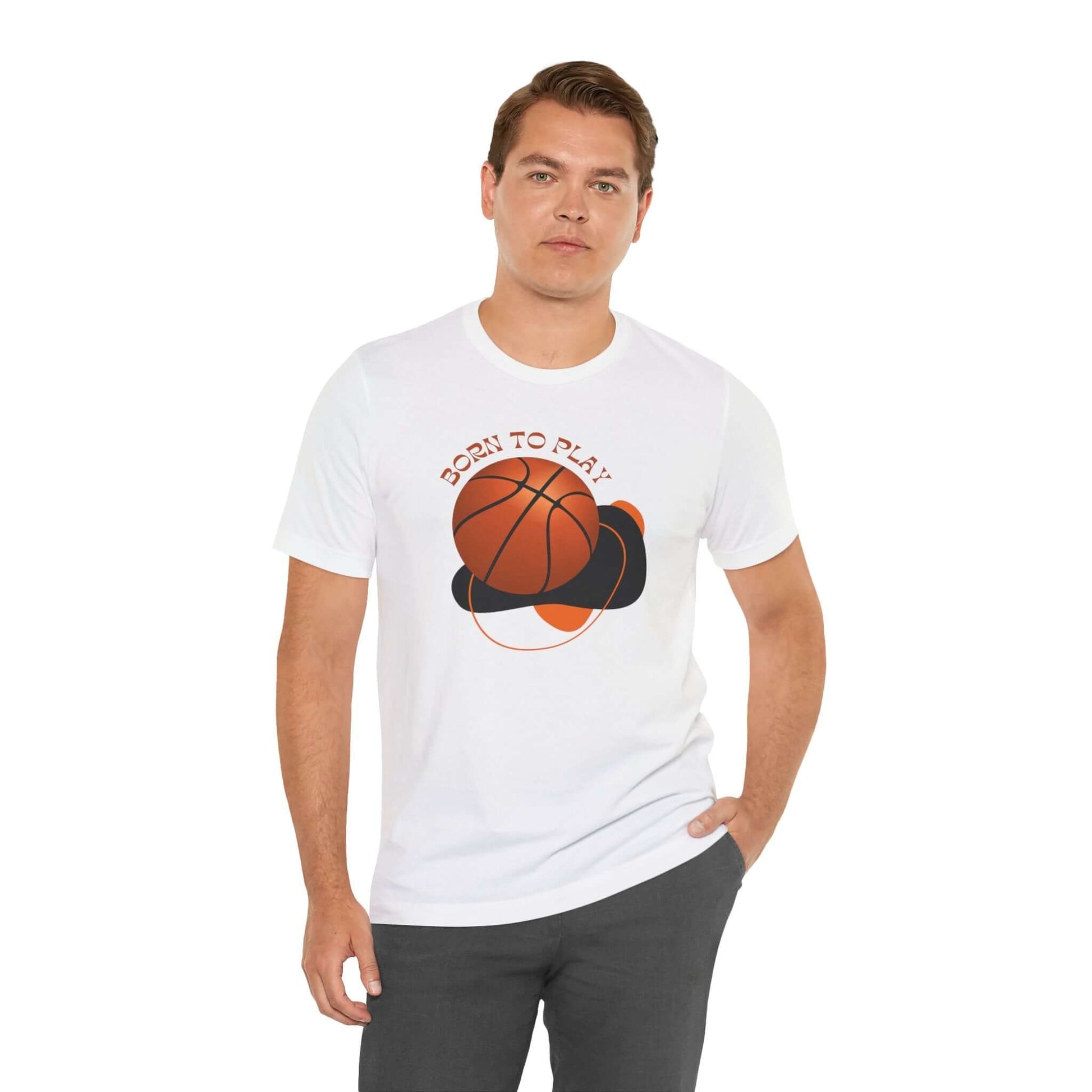 Basketball Lover's unisex tee featuring 'Born to Play' graphic on a white shirt, perfect for fans and athletes.