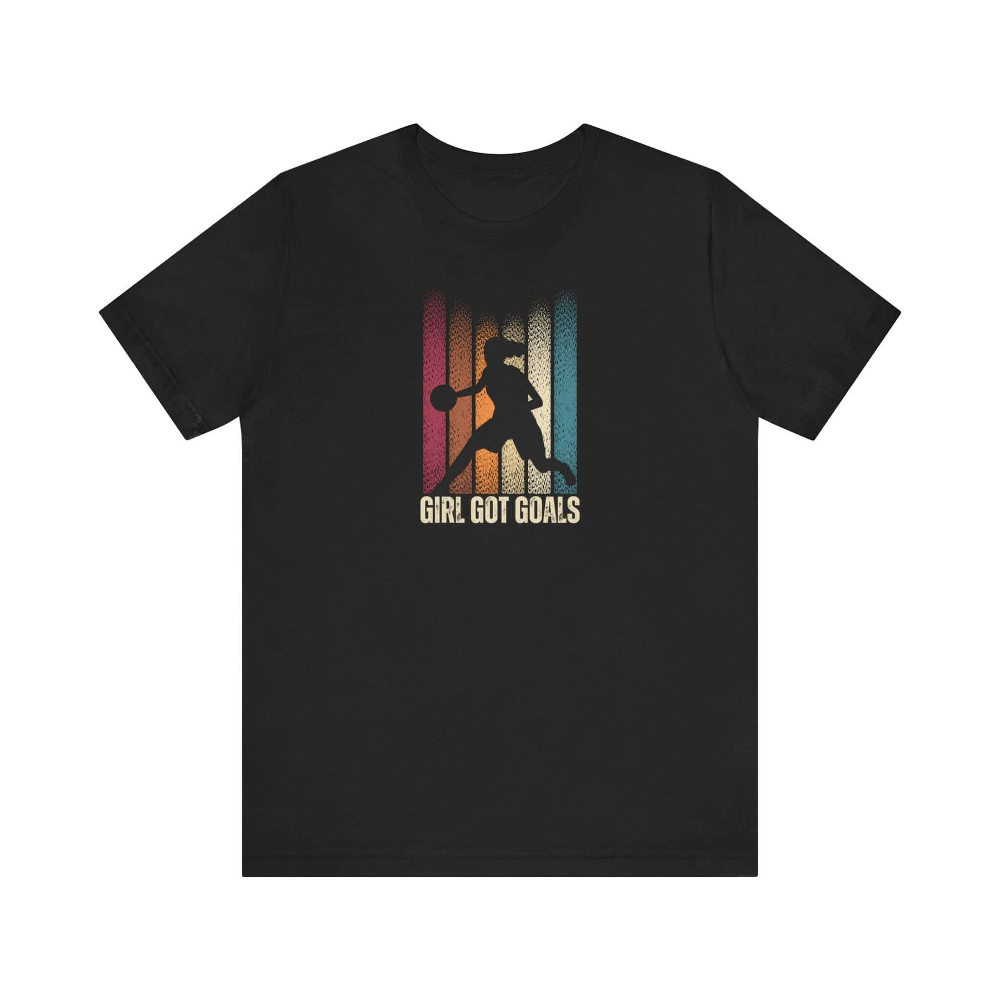 Black 'Girl Got Goals' basketball tee featuring a bold graphic, perfect for active individuals and fans.