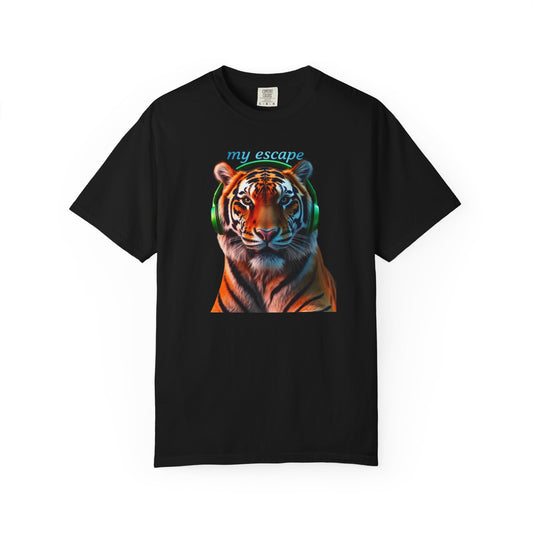 Tiger Head T-Shirt — "my escape" Colorful Headphones Graphic Tee