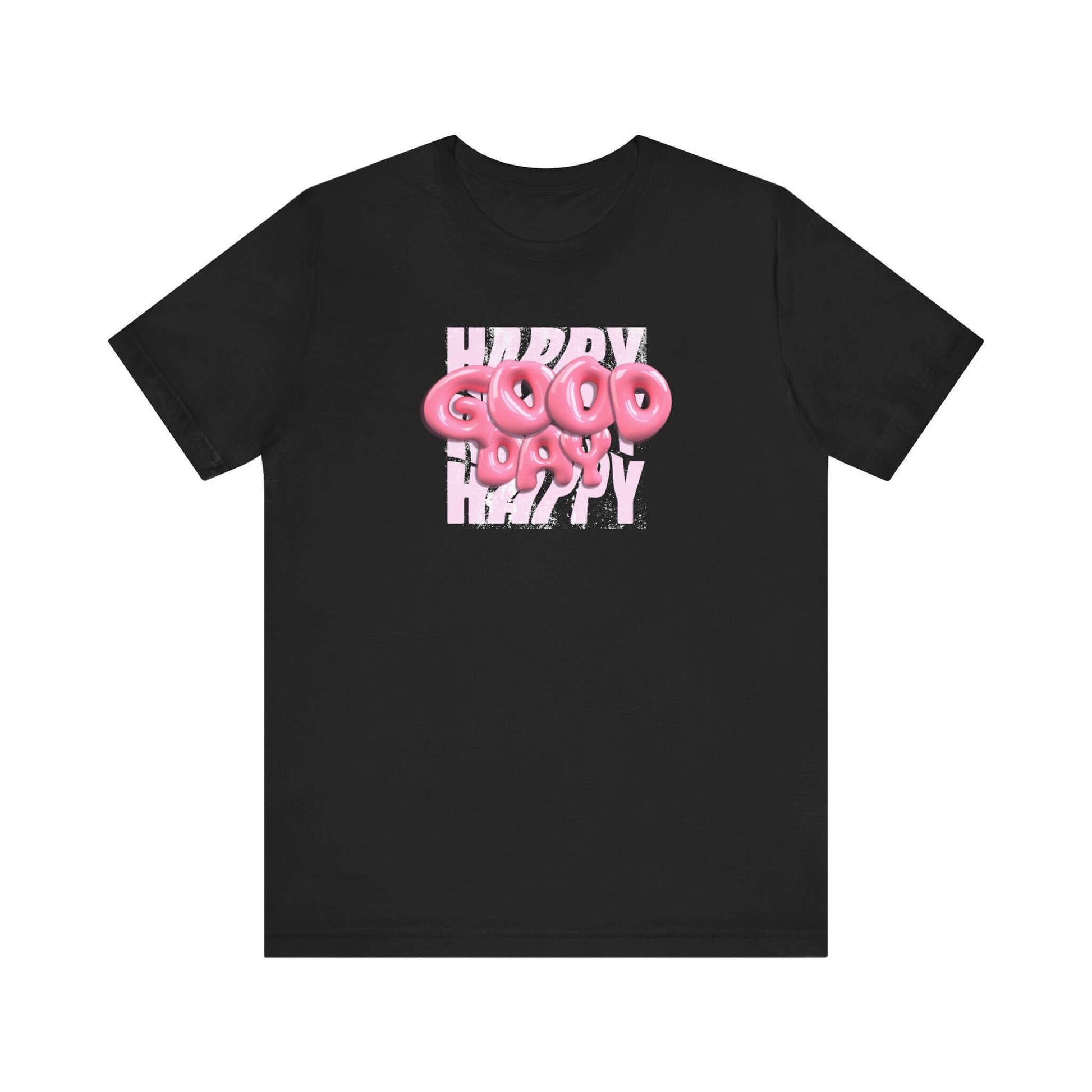 Graphic tee featuring a playful 'Happy Good Vibes' design, perfect for casual wear and gifts.