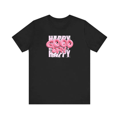 Graphic tee featuring a playful 'Happy Good Vibes' design, perfect for casual wear and gifts.