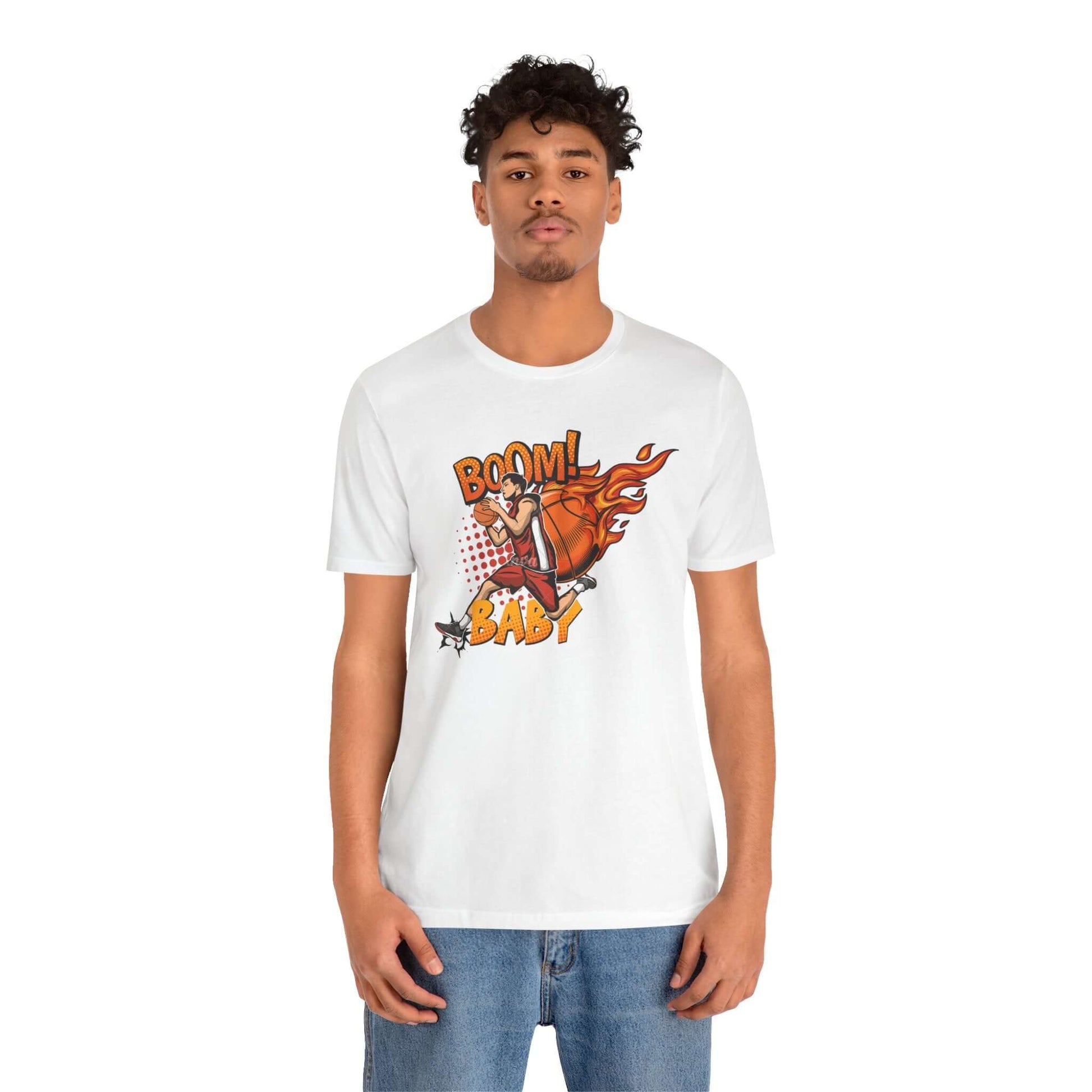 Unisex Boom Baby Basketball Tee featuring a vibrant graphic design, perfect for gamers and sports fans.