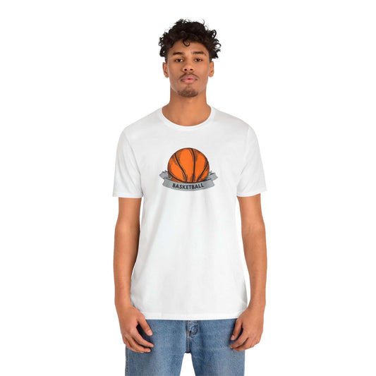 Unisex basketball jersey tee featuring an orange basketball graphic, ideal for sports enthusiasts and casual wear.