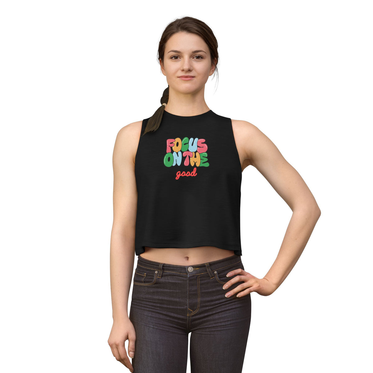 Crop Top — "Focus on the Good" Colorful Positive Graphic