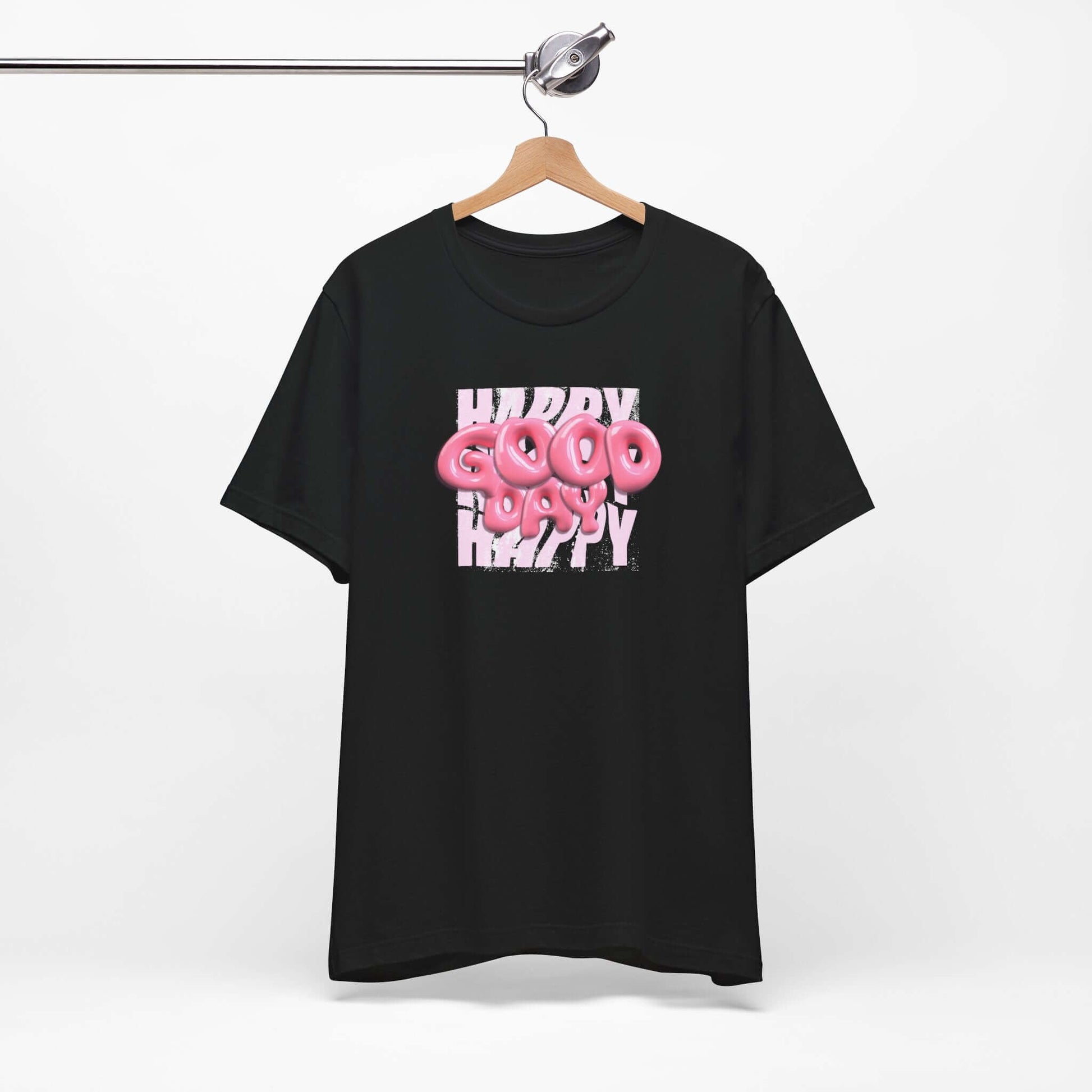 Black graphic tee with playful 'Happy Good Vibes' print, perfect for casual wear and parties.