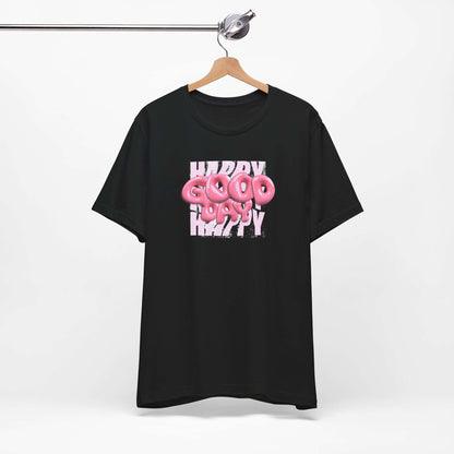 Black graphic tee with playful 'Happy Good Vibes' print, perfect for casual wear and parties.
