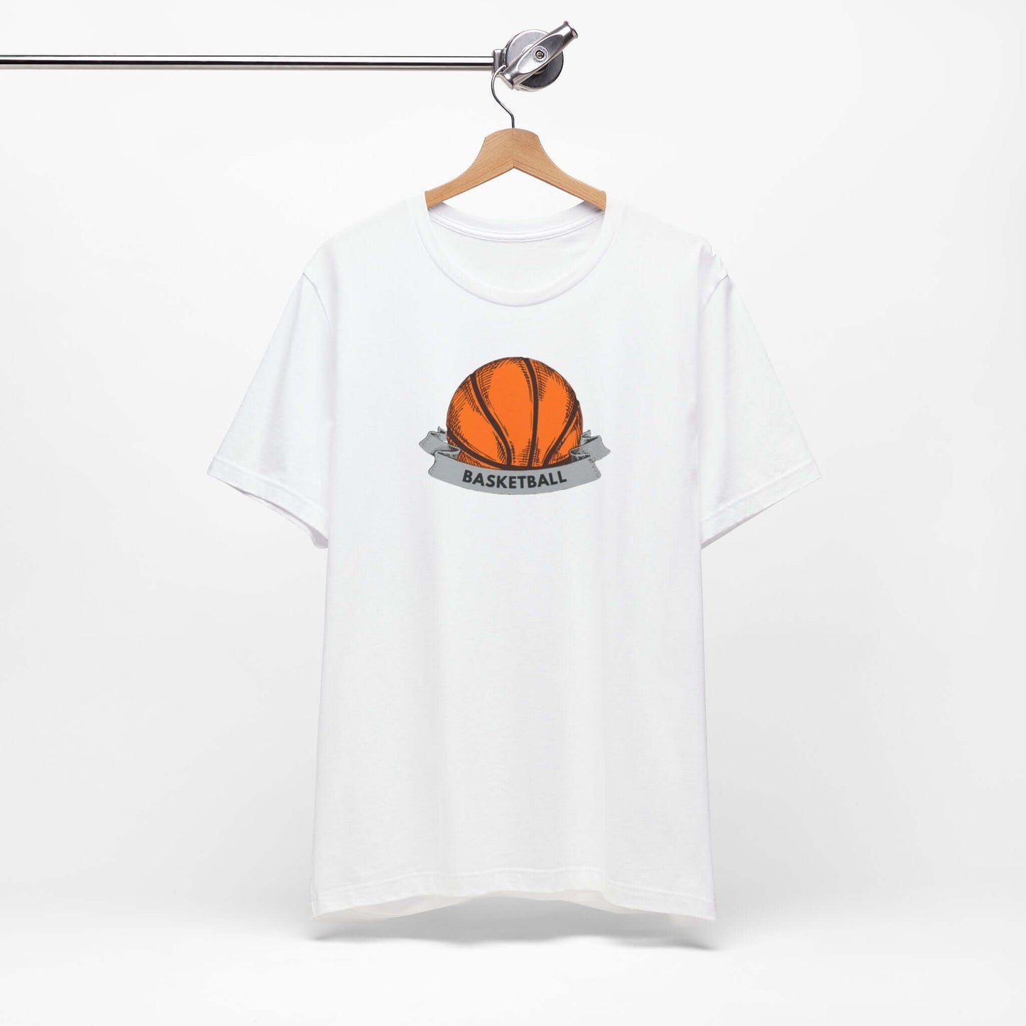 White unisex basketball jersey tee featuring an orange basketball graphic, ideal for sports enthusiasts and casual wear.