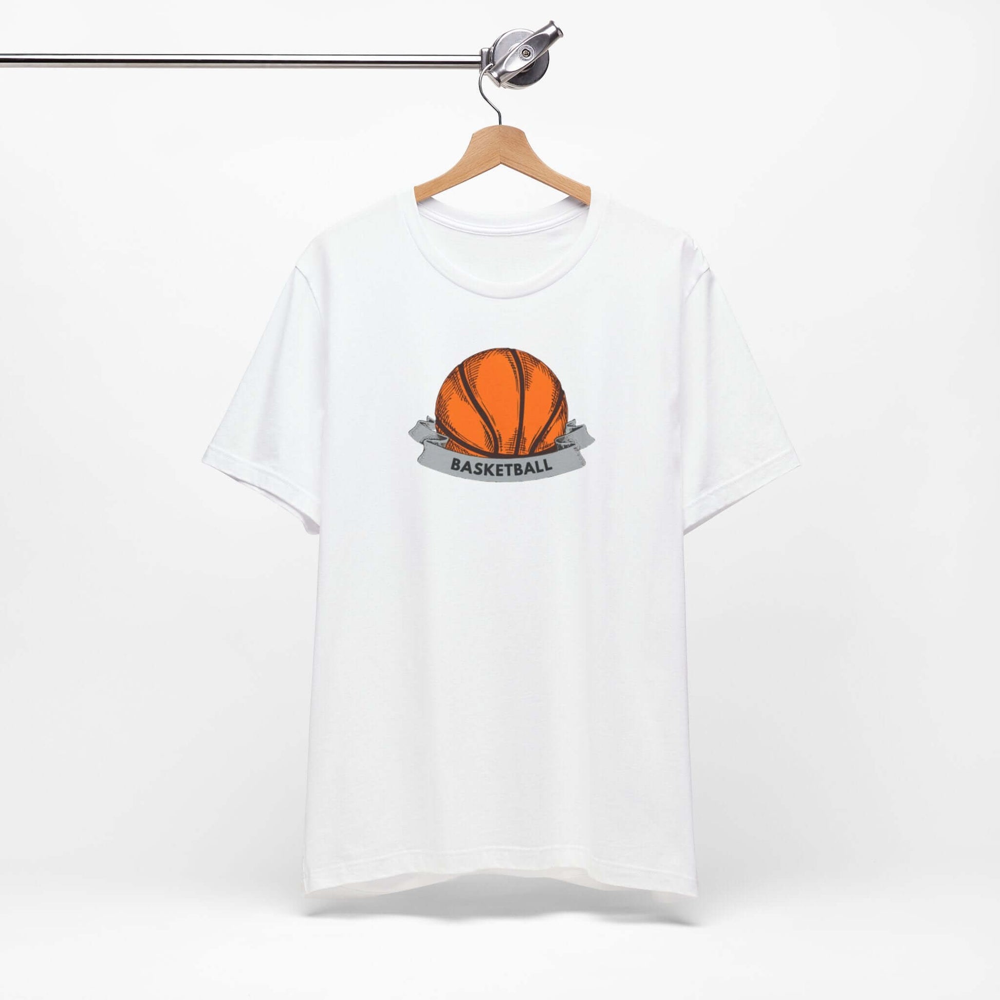 White unisex basketball jersey tee featuring an orange basketball graphic, ideal for sports enthusiasts and casual wear.