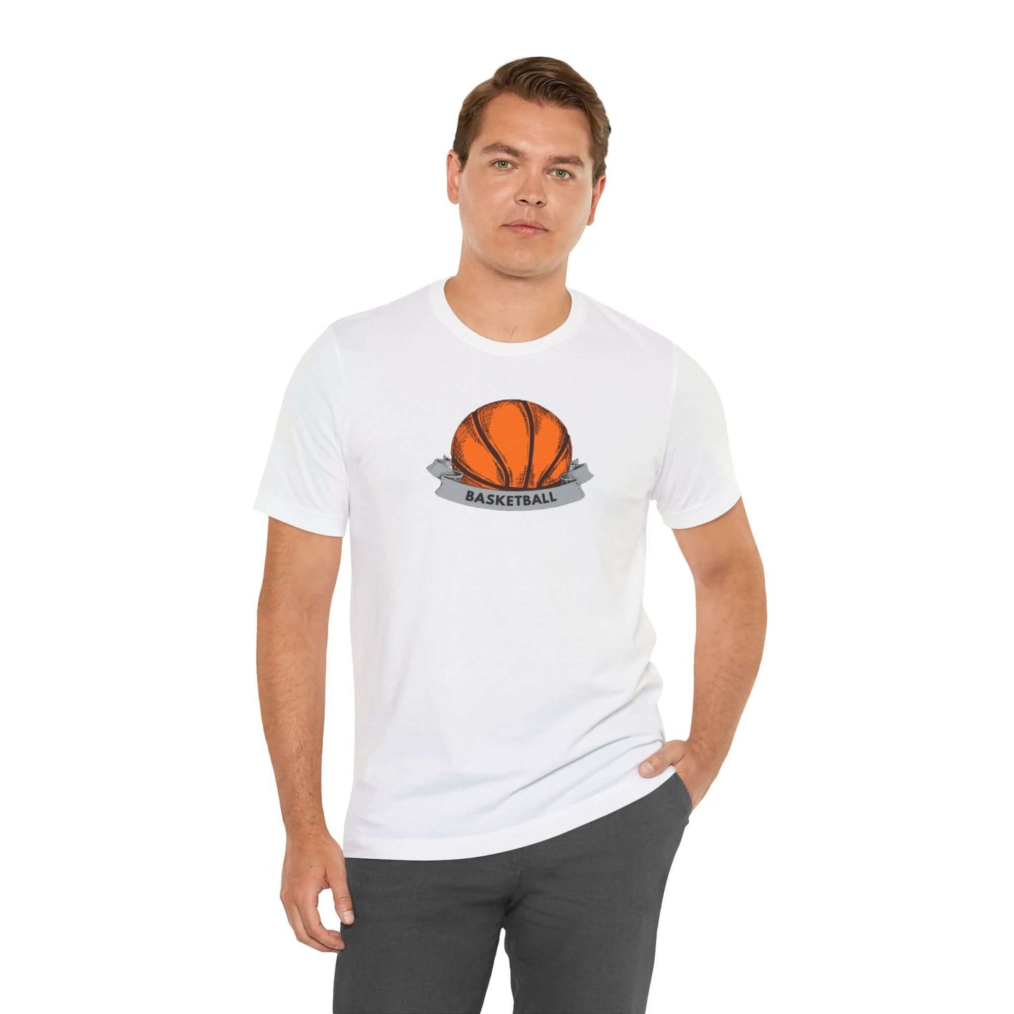 Basketball unisex jersey tee featuring a basketball graphic, perfect for casual wear and sports enthusiasts.