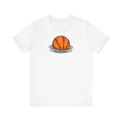 Basketball unisex jersey tee featuring a vibrant basketball graphic and the word 'BASKETBALL' on a white background.