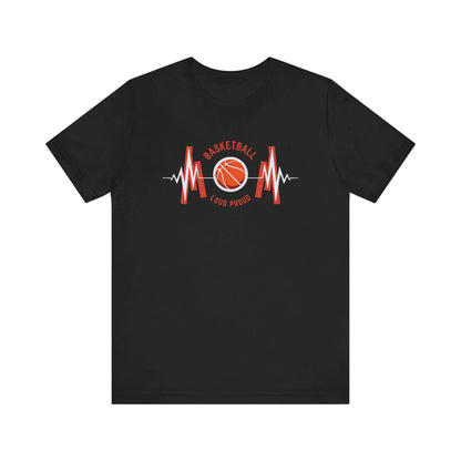 Basketball Heartbeat Tee in black with vibrant graphics showcasing a basketball and heartbeat design.