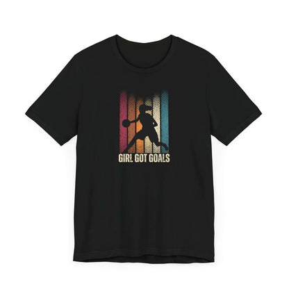 Black unisex basketball tee with 'Girl Got Goals' graphic for empowering athletes and fans.