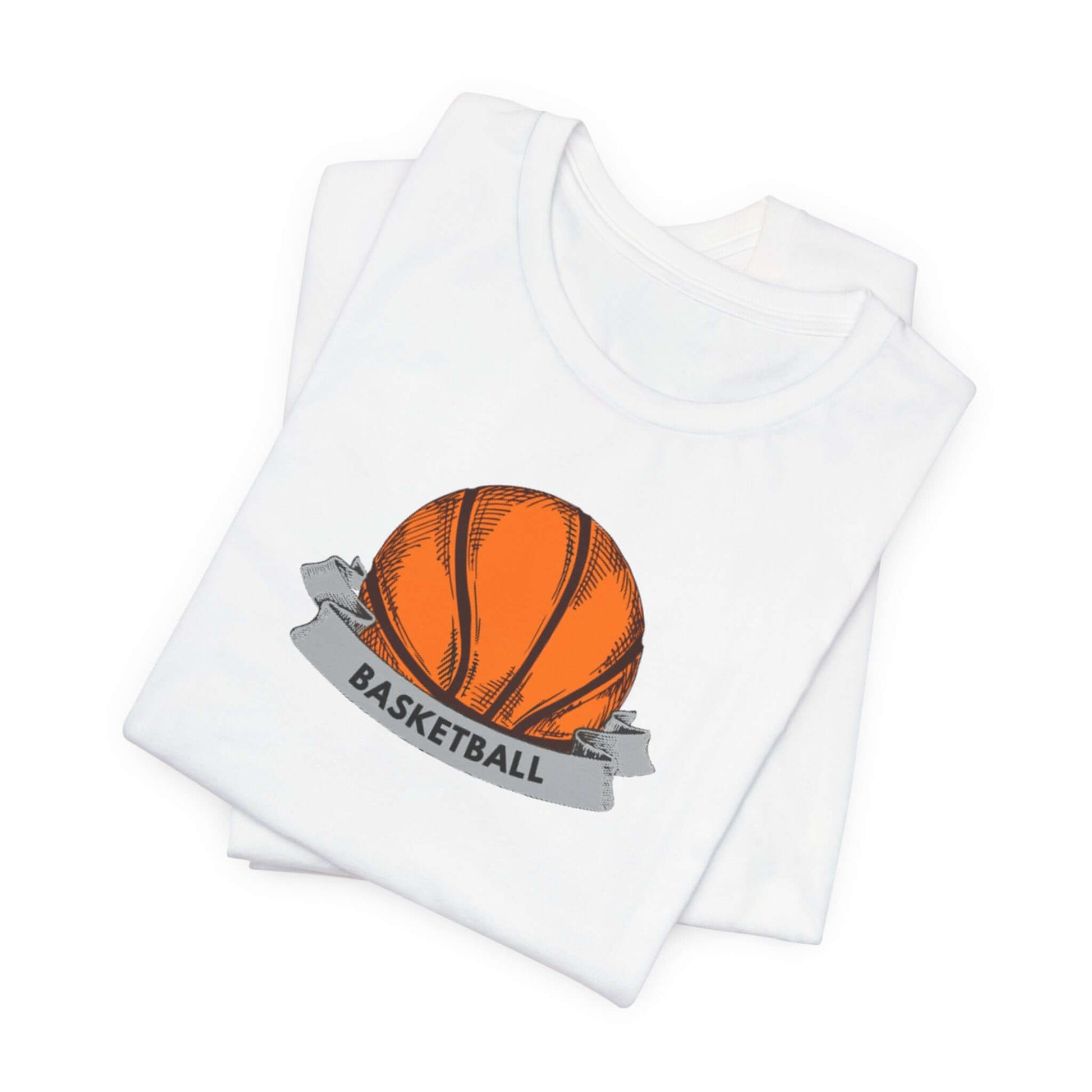 White unisex jersey tee featuring an orange basketball graphic, perfect for sports enthusiasts and casual wear.