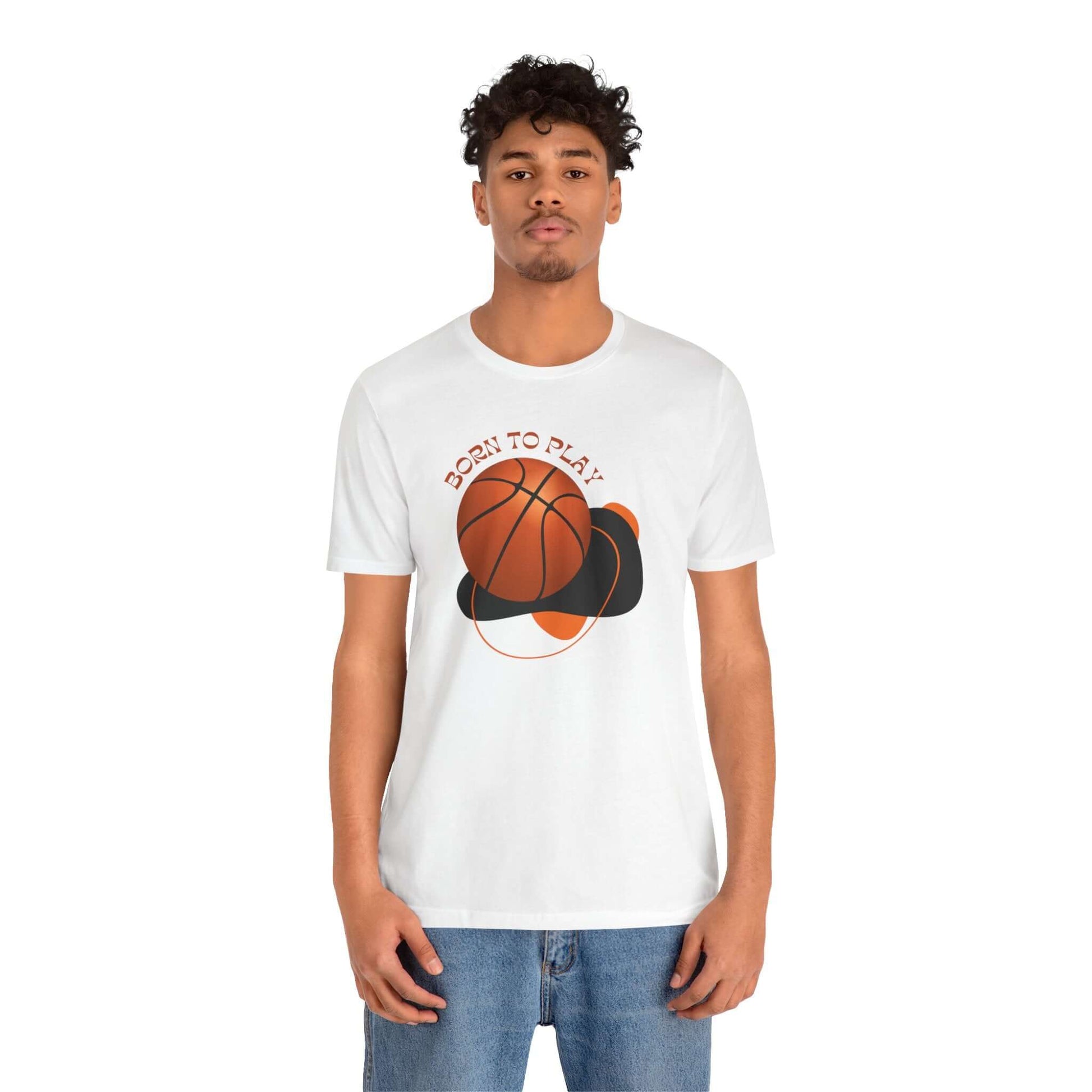 Basketball Lover's unisex tee, white shirt with 'Born to Play' graphic and basketball design, perfect for sports fans.