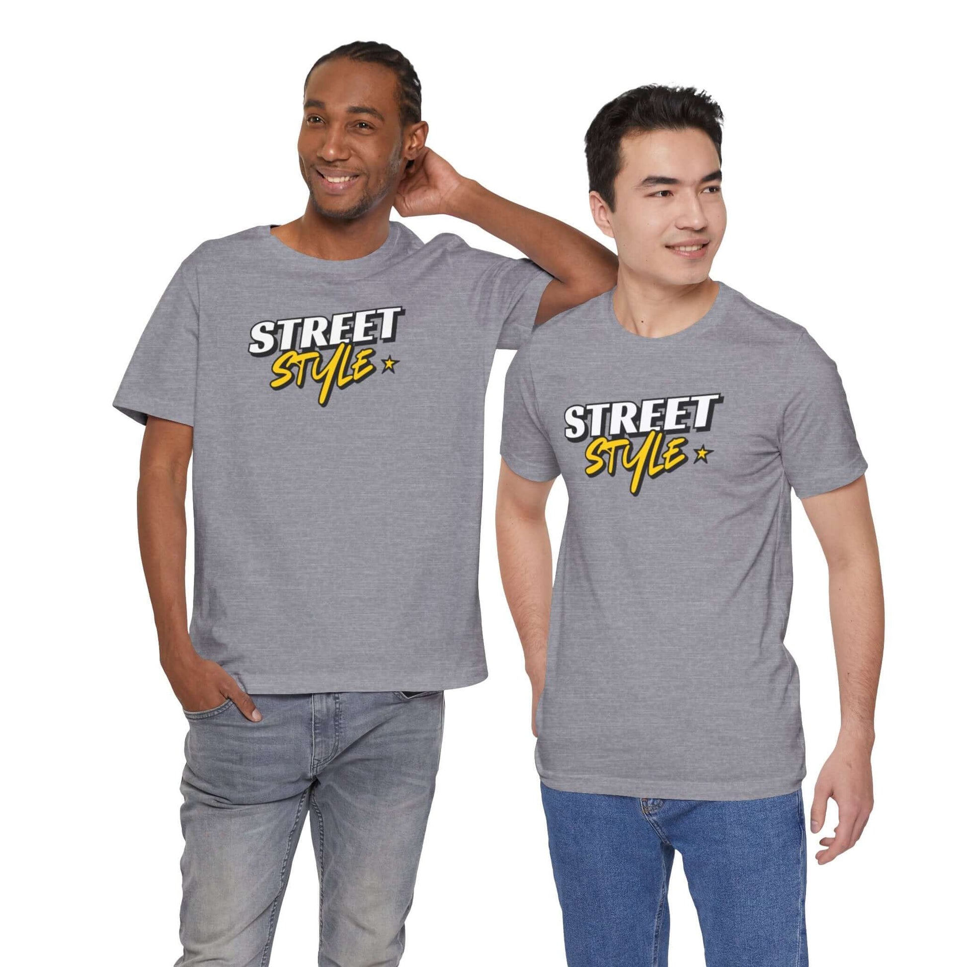 Two models wearing gray graphic tees with 'Street Style' print, perfect for trendy urban fashion.