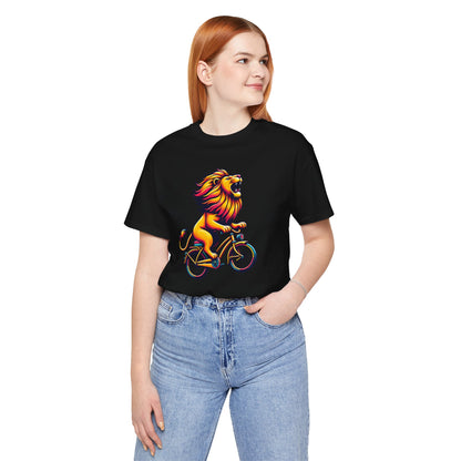Lion on Bicycle Unisex Tee - Fun Graphic T-Shirt for Animal Lovers