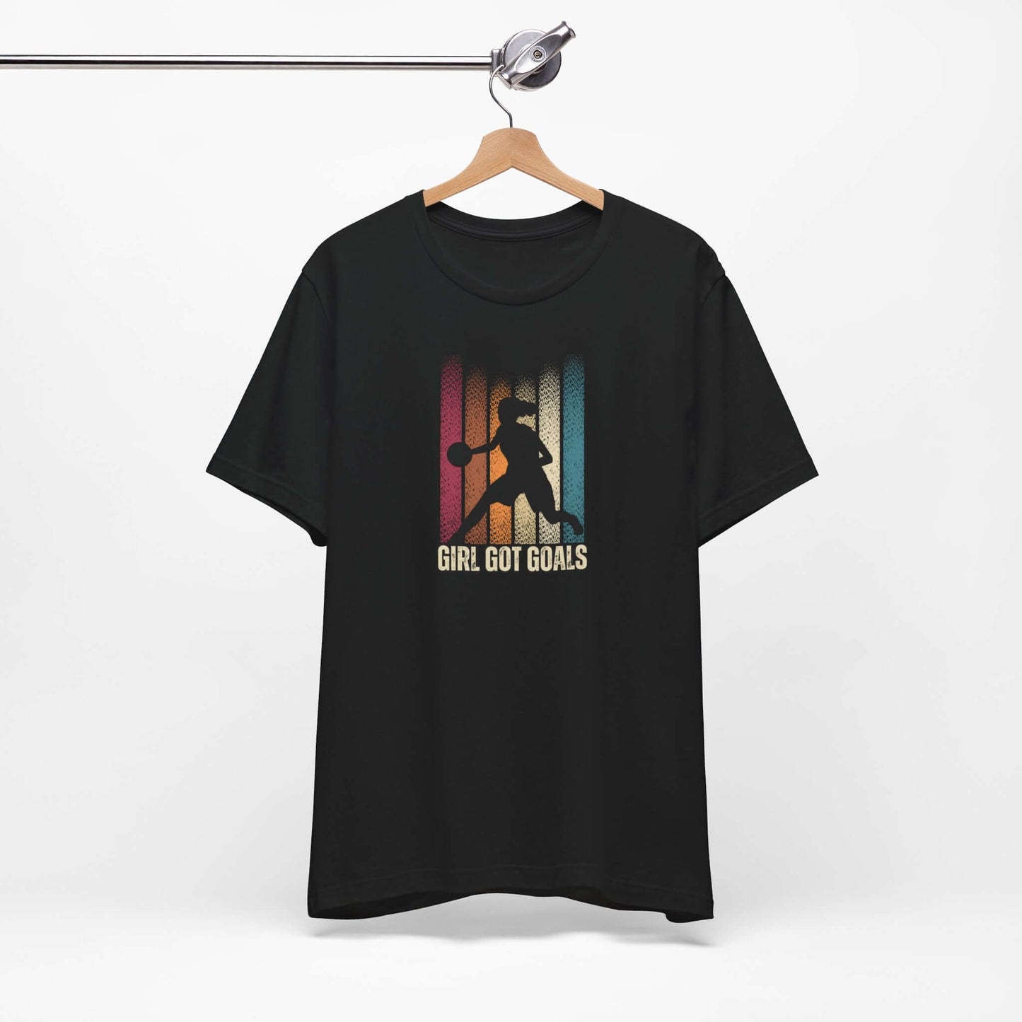 Black unisex basketball tee with 'Girl Got Goals' graphic, perfect for active individuals and basketball enthusiasts.