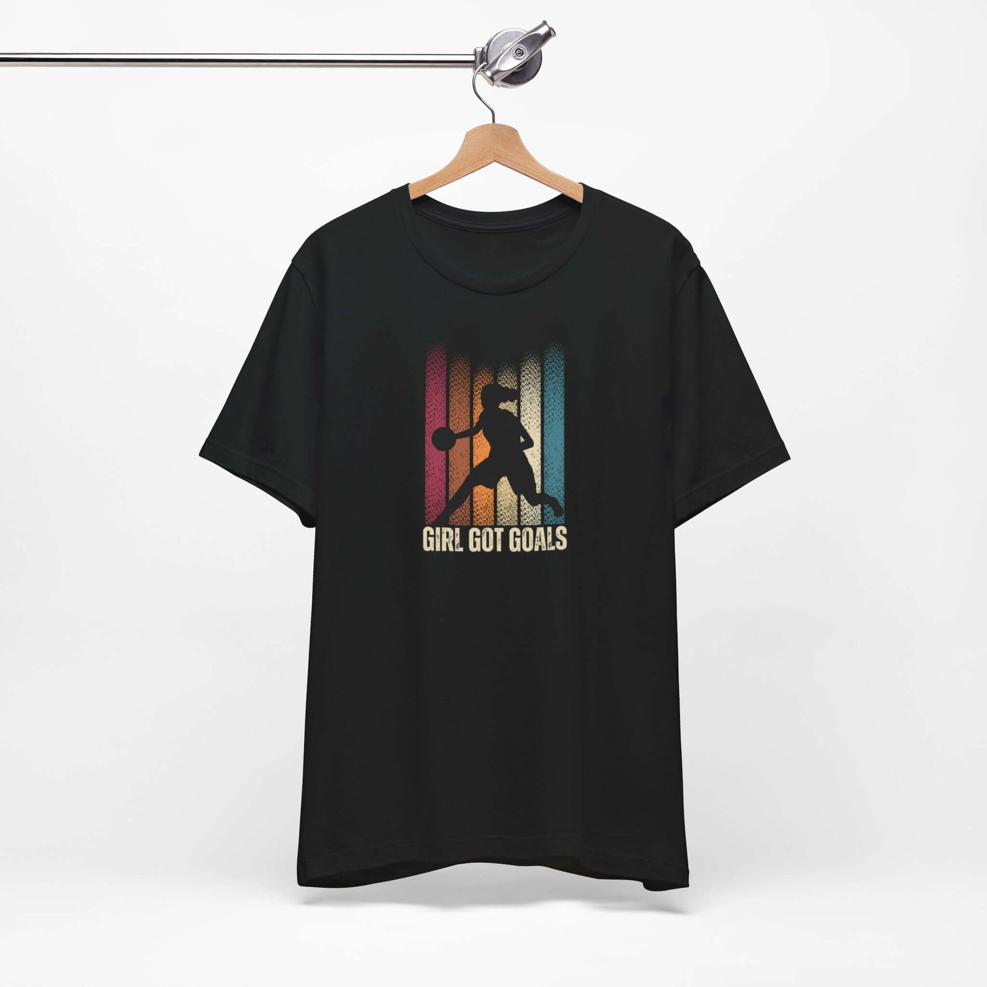 Black unisex basketball tee with 'Girl Got Goals' graphic, perfect for active individuals and basketball enthusiasts.