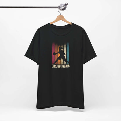 Black unisex basketball tee with 'Girl Got Goals' graphic, perfect for active individuals and basketball enthusiasts.