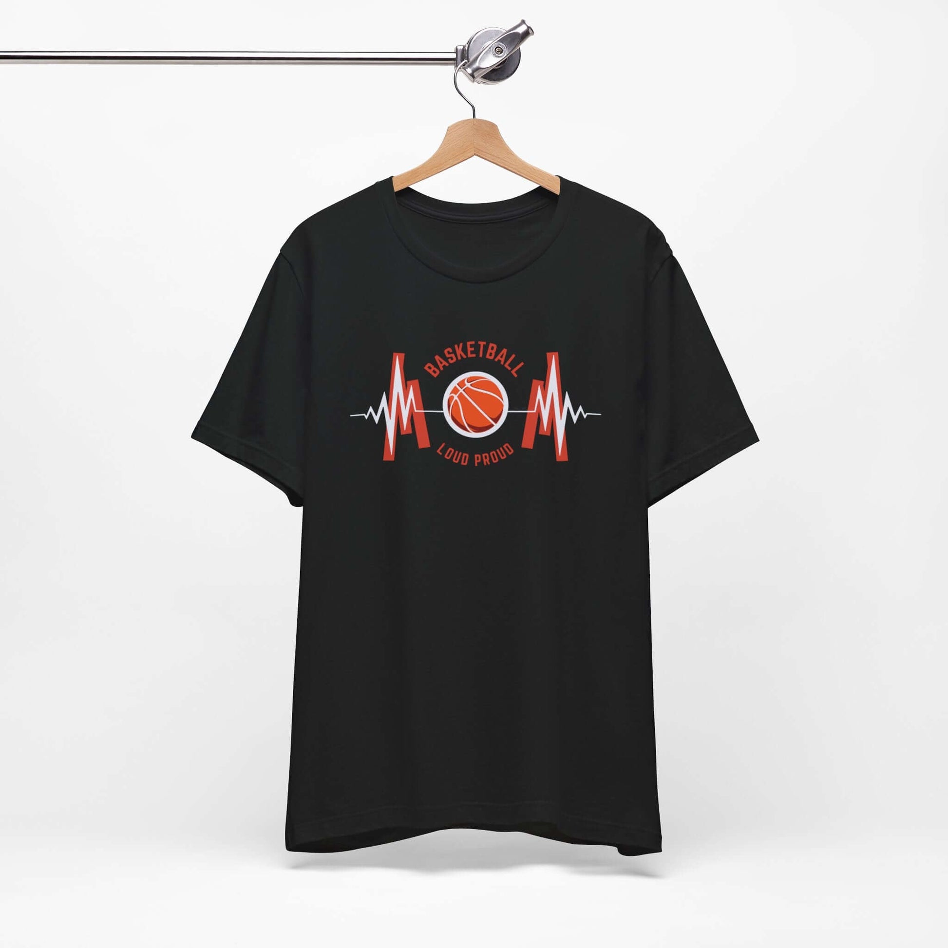 Basketball Heartbeat Tee on a hanger, black unisex short sleeve t-shirt for sports lovers and casual wear.