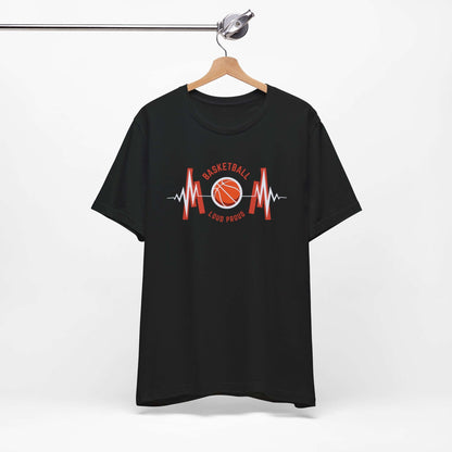 Basketball Heartbeat Tee on a hanger, black unisex short sleeve t-shirt for sports lovers and casual wear.