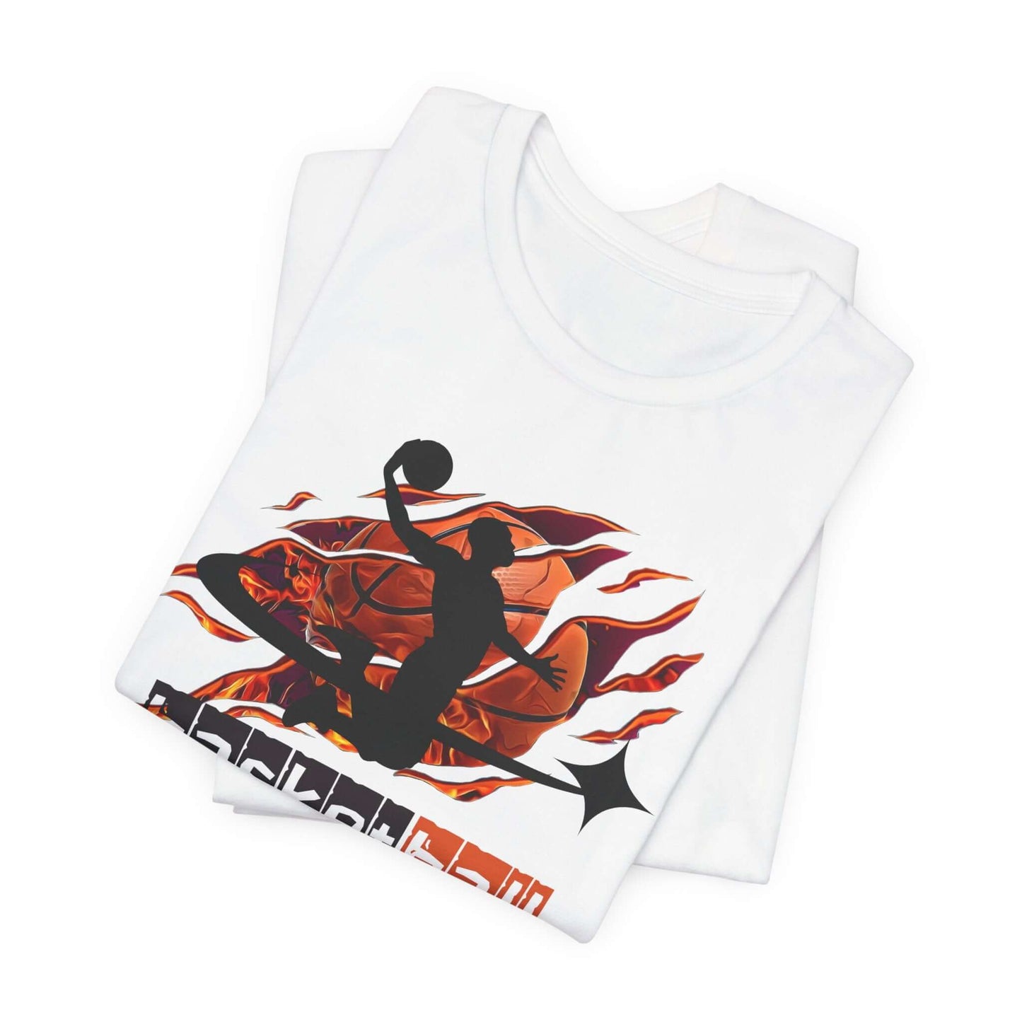 Basketball graphic tee featuring a player dunking against a fiery background. Perfect for sports enthusiasts.