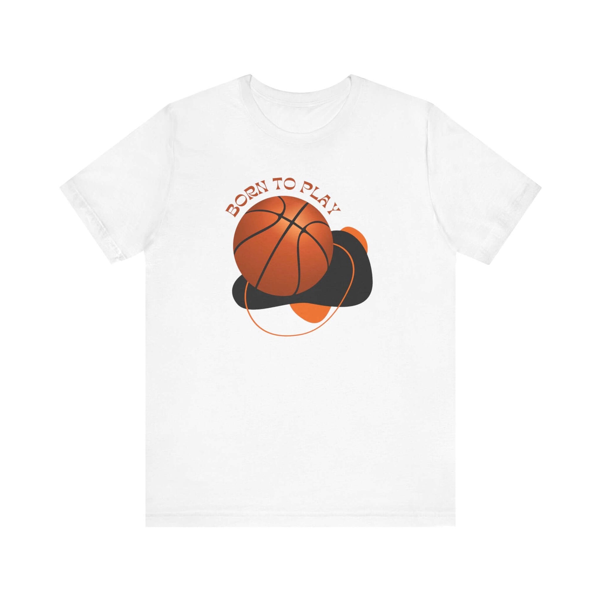 White unisex tee featuring a basketball graphic and text 'Born to Play', perfect for sports enthusiasts.