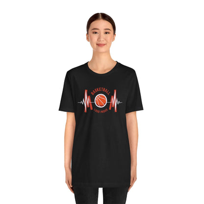 Unisex Basketball Heartbeat Tee in black, featuring a basketball graphic and heartbeat line, perfect for sports lovers.