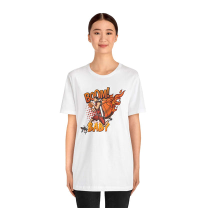 Unisex Boom Baby Basketball Tee displayed by a model, featuring a vibrant graphic design.