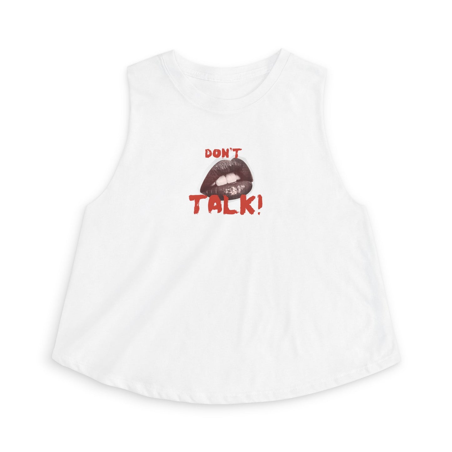 Don't Talk Crop Top — Graphic Women's Sleeveless Tank with Lip Bite Design