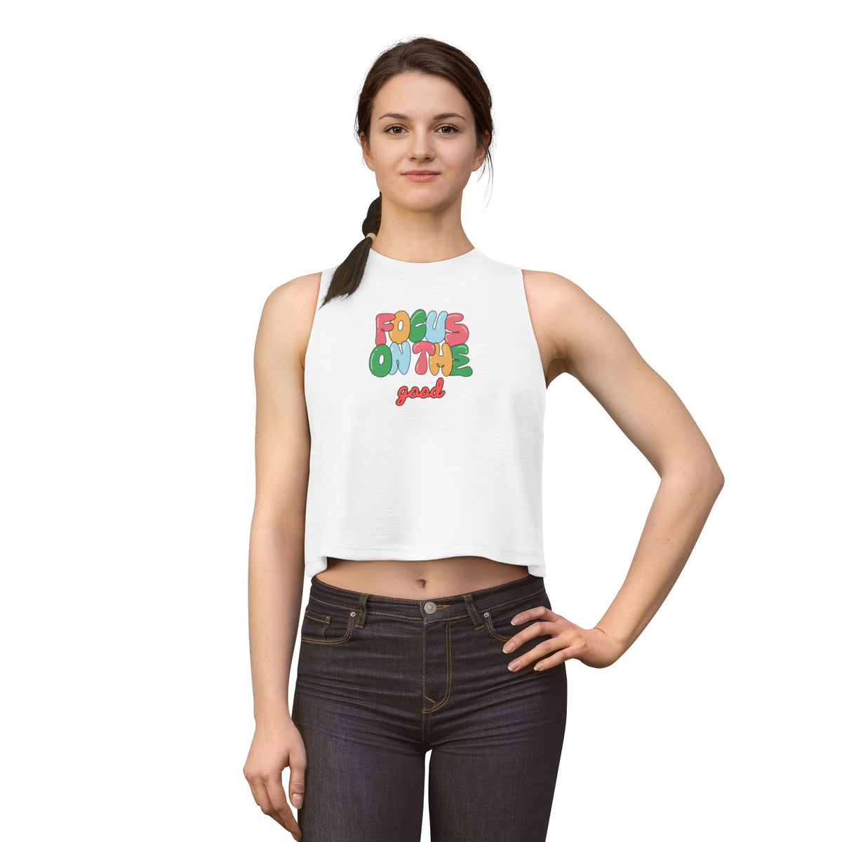 Crop Top — "Focus on the Good" Colorful Positive Graphic