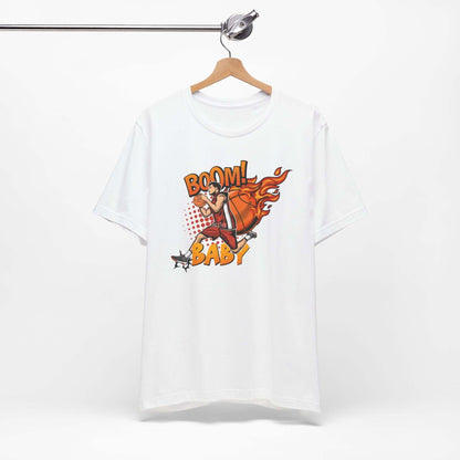 Boom Baby Basketball Tee on a hanger, featuring a vibrant graphic design for the perfect casual streetwear look.